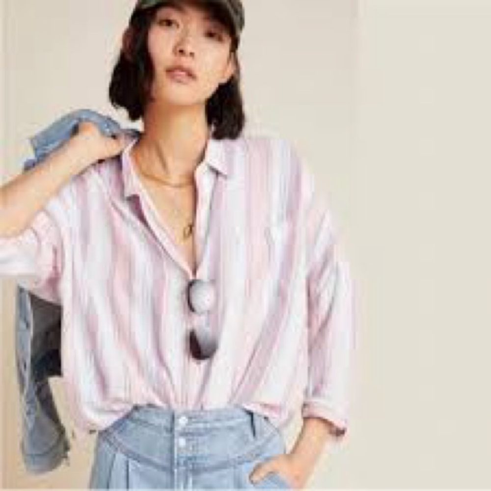 Pilcro by Anthropologie Pink and Blue Striped Buttoned Shirt, Women's Size‎ XS/S